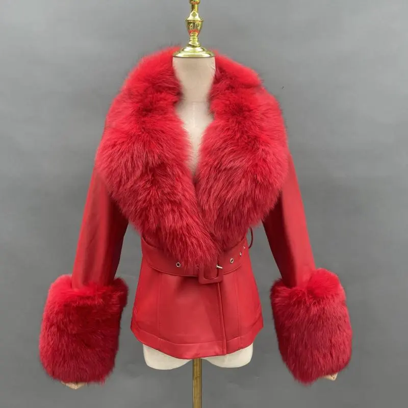Genuine fur collar women's warm leather fox fur cuffs leather jacketColor:Red