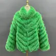 Removable collar double-sided women's silk fabric winter fox fur short coatColor:Green