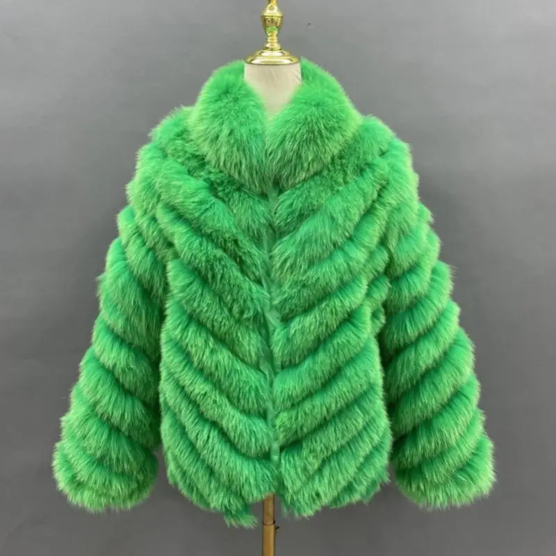 Removable collar double-sided women's silk fabric winter fox fur short coatColor:Green