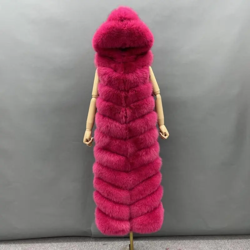Winter long hooded fox vestColor:Pink