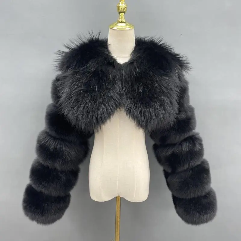 Short Style Women Real Fur Coat Fashion Ladies Long Sleeve Pink Natural Fox Fur JacketColor:Black