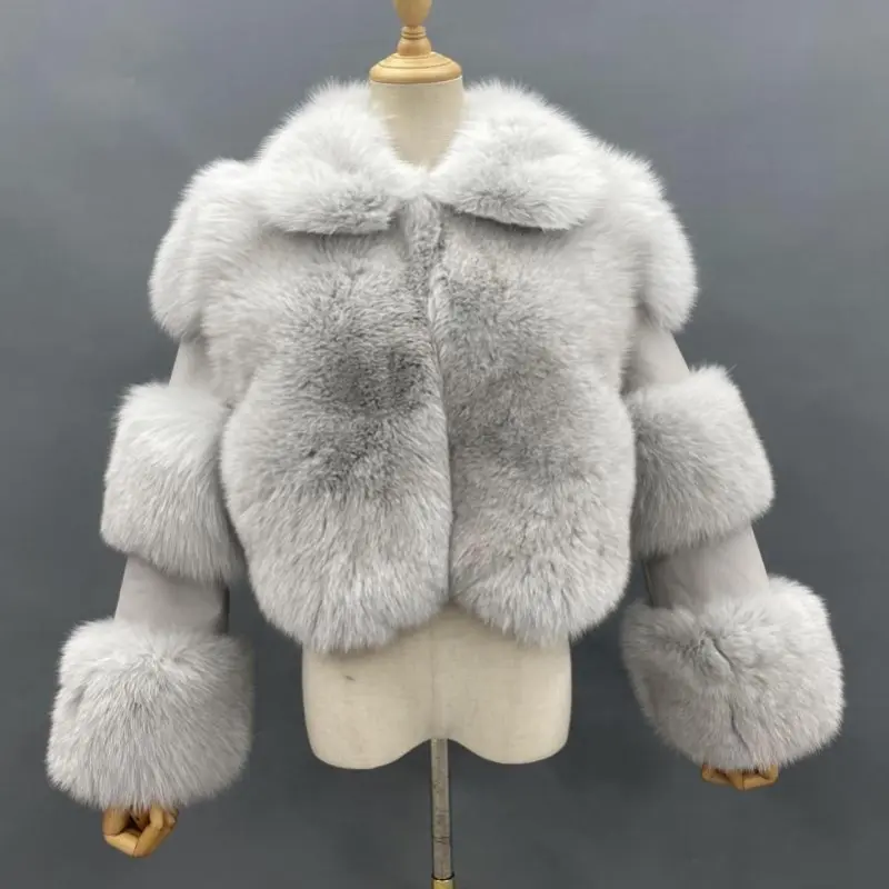 Janefur| Women's Lapel Luxury Fox Jacket Full Fur Solid Color Short Style