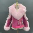 Custom Design Fox Fur Trim Coat Big Fox fur Collar Hooded Women Sheepskin Shearling JacketColor:Red