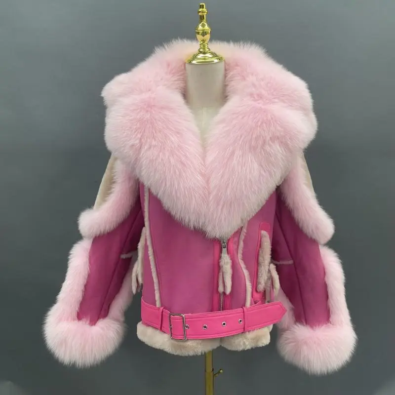 Custom Design Fox Fur Trim Coat Big Fox fur Collar Hooded Women Sheepskin Shearling JacketColor:Red