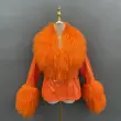 Spring and Autumn Women's short bright leather coat with fur at the collar and cuffsColor:Orange