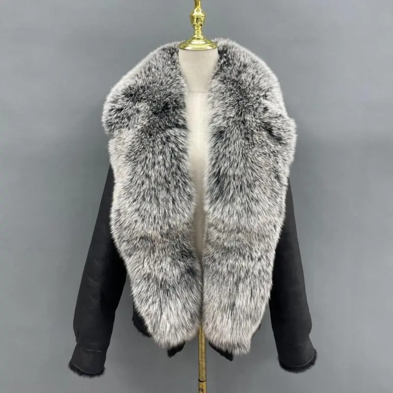 Fox fur collar leather women's coatColor:Grey