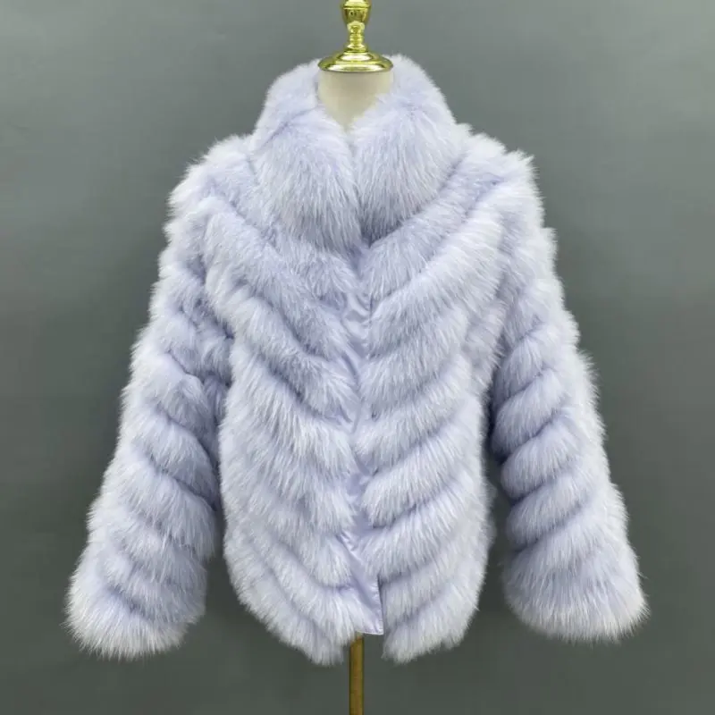 Removable collar double-sided women's silk fabric winter fox fur short coatColor:Purple