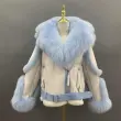 Custom Design Fox Fur Trim Coat Big Fox fur Collar Hooded Women Sheepskin Shearling JacketColor:Blue