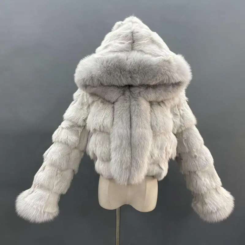 Luxury women's winter short leather straw hooded coatColor:Grey