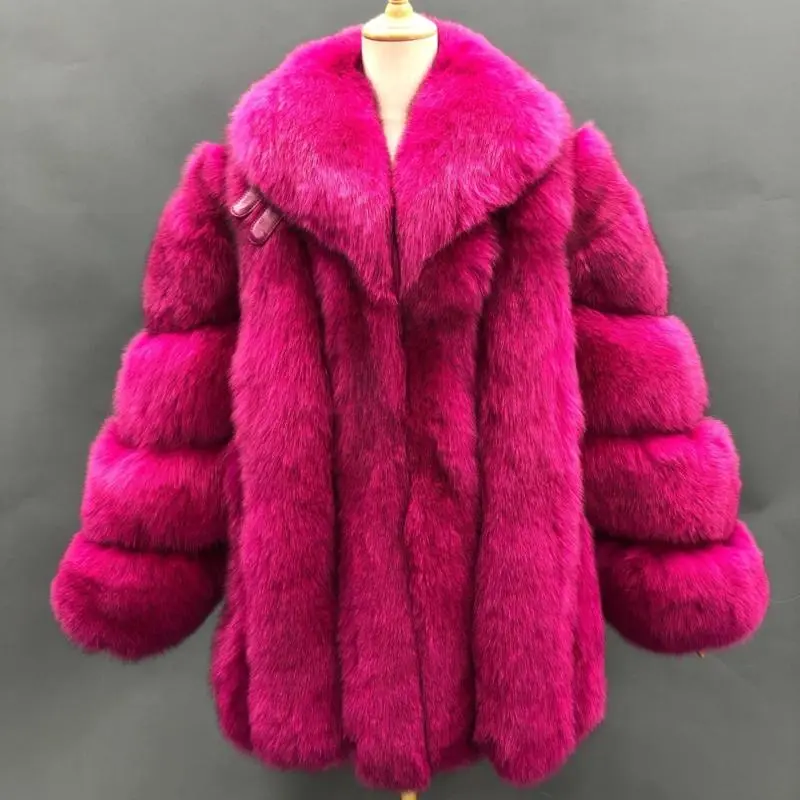 Winter bright color vertical fox fur coat for womenColor:Dark pink