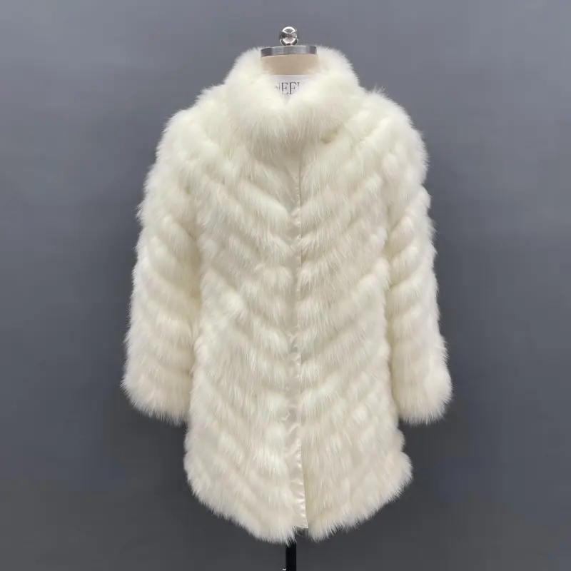 Women's long autumn and winter coat with fox fur on both sidesColor:White