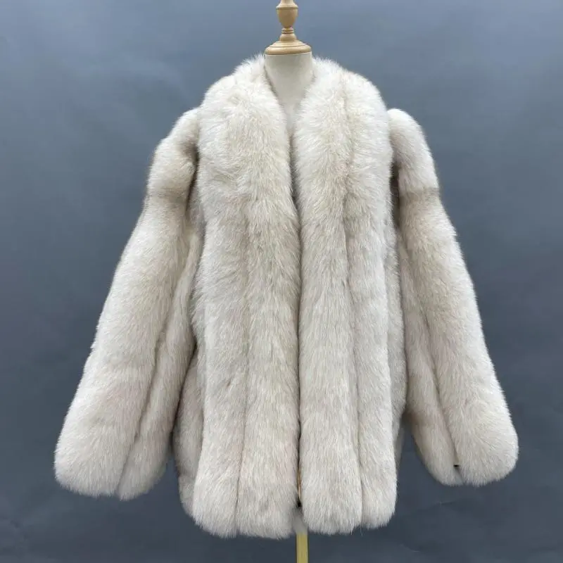 Men's and women's fashionable winter warm medium and long real fur coat natural fox fur jacketColor:White