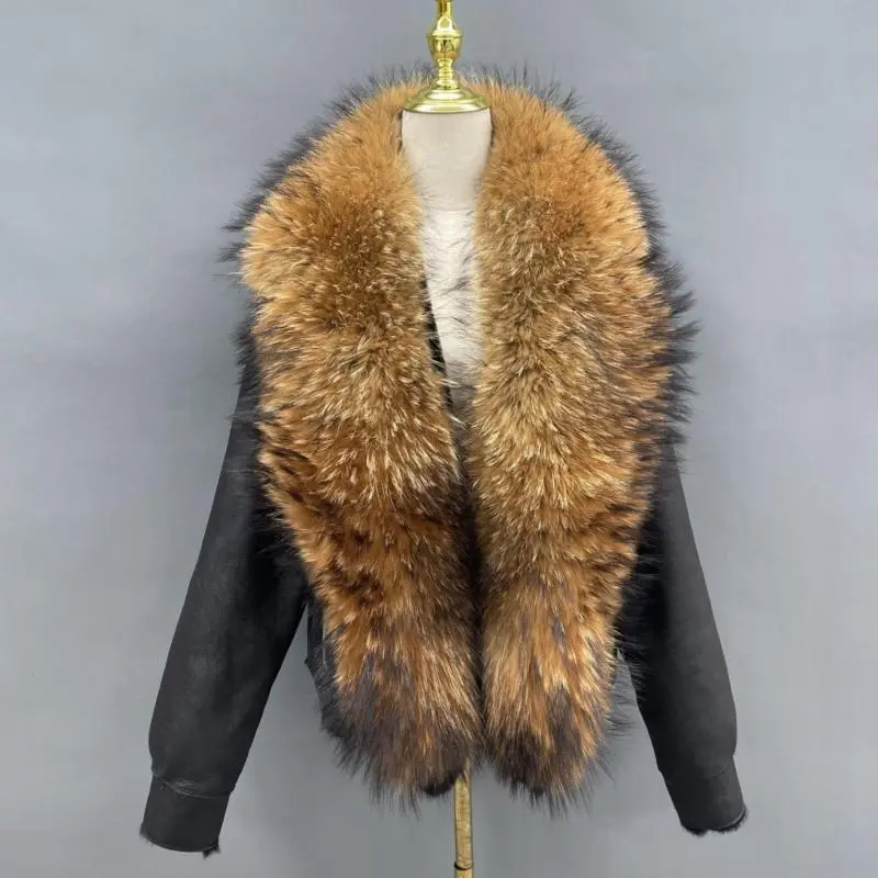 Fox fur collar leather women's coatColor:Yellow