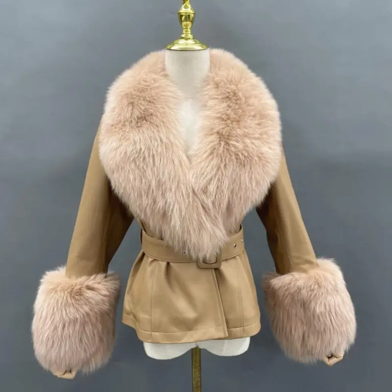 Genuine fur collar women's warm leather fox fur cuffs leather jacketColor:Brown