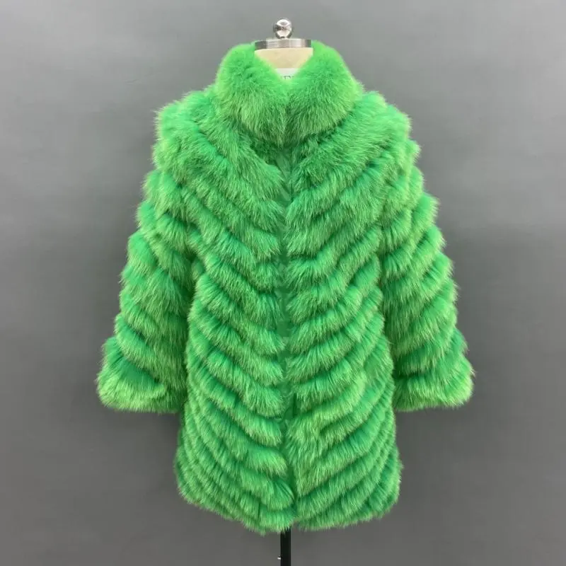 Women's long autumn and winter coat with fox fur on both sidesColor:Green