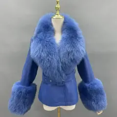 Genuine fur collar women's warm leather fox fur cuffs leather jacketColor:Blue