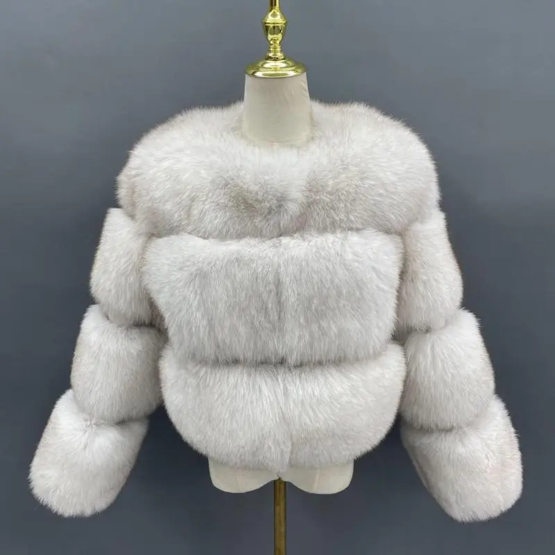 Women's warm round neck real fur blue fox short coat in winterColor:White