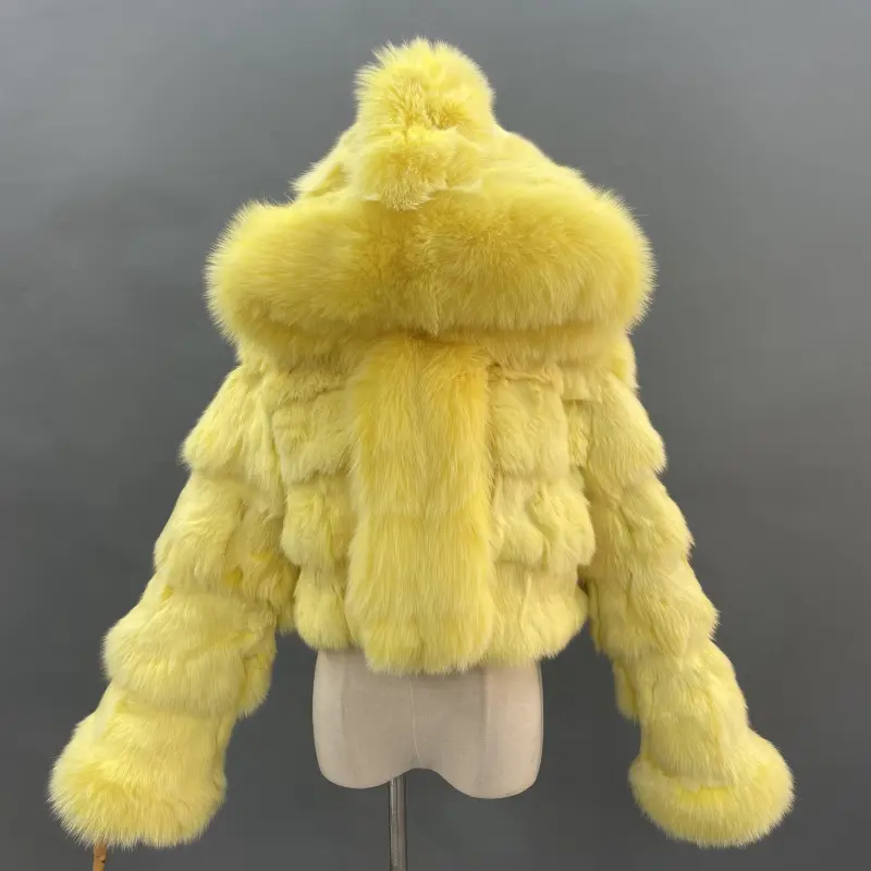 Luxury women's winter short leather straw hooded coatColor:Yellow