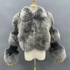 Women's lapel luxury fox jacket full fur solid color short styleColor:Grey