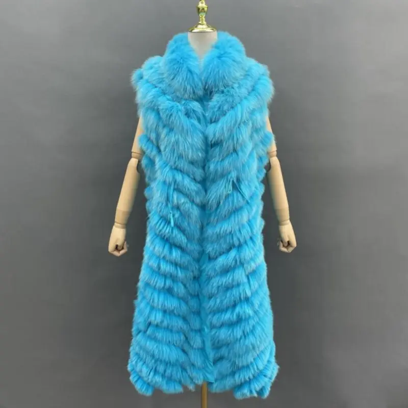 Women's fashionable long style real fox fur vest with two sidesColor:Blue