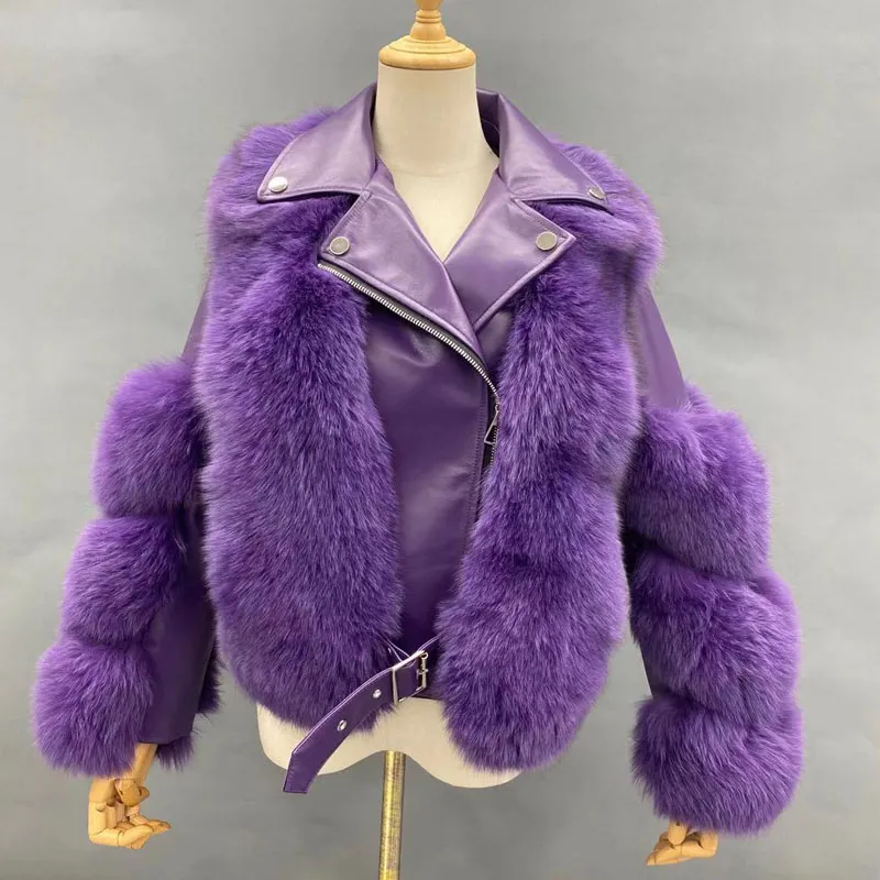 Warm winter leather fluffy real fox fur jacket Women's short coatColor:Purple