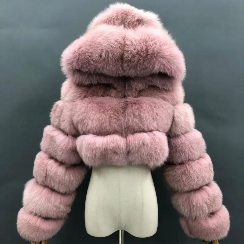 Fashion short genuine fox fur coat Women's winter hooded jacketColor:Pink