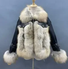 Real fox fur collar women's short fox fur stitching leather winter short coatColor:Golden