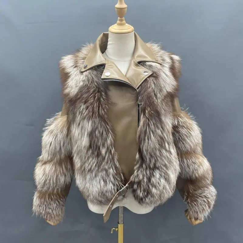 Warm winter leather fluffy real fox fur jacket Women's short coatColor: