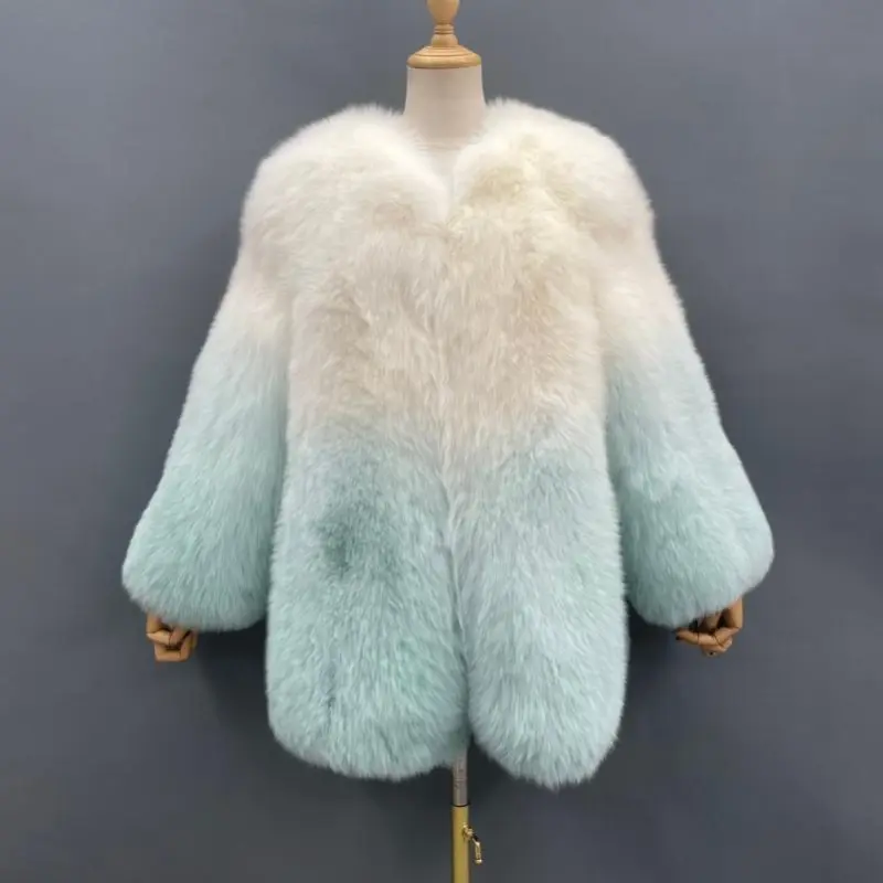 Fashion Luxury Winter High Quality Gradient Solid Fox Coat Women Color Real Fox Fur CoatColor:Green