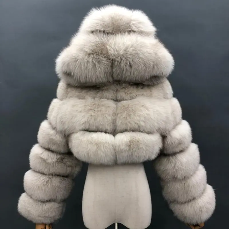 Fashion short genuine fox fur coat Women's winter hooded jacketColor:Beige