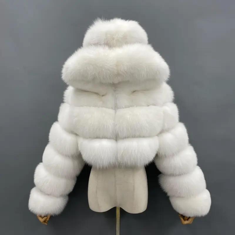 Fashion short genuine fox fur coat Women's winter hooded jacketColor:White