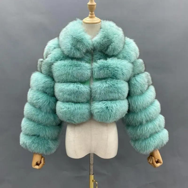 Women's short zip fox leather jacket square neck five-section fluffy fashion coatColor:Aqua