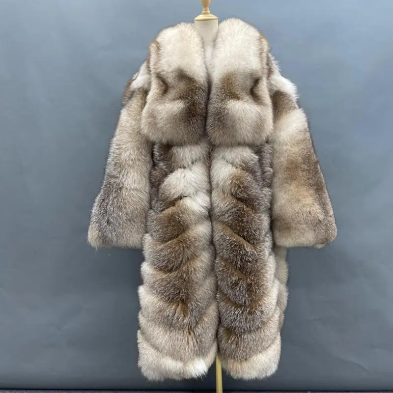 Men's and women's fashionable ultra-thick warm real fox fur long coatColor: