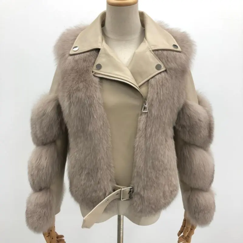 Warm winter leather fluffy real fox fur jacket Women's short coatColor:Light Khaki