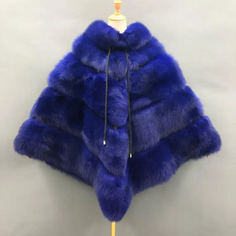 High quality women's luxury fox fur cloak loose genuine fox coatColor:Blue