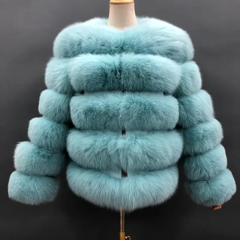 New Winter Warm Short Style Coat Real Fox Fur Jacket Women Natural Fur Outerwear for LadyColor:Aqua