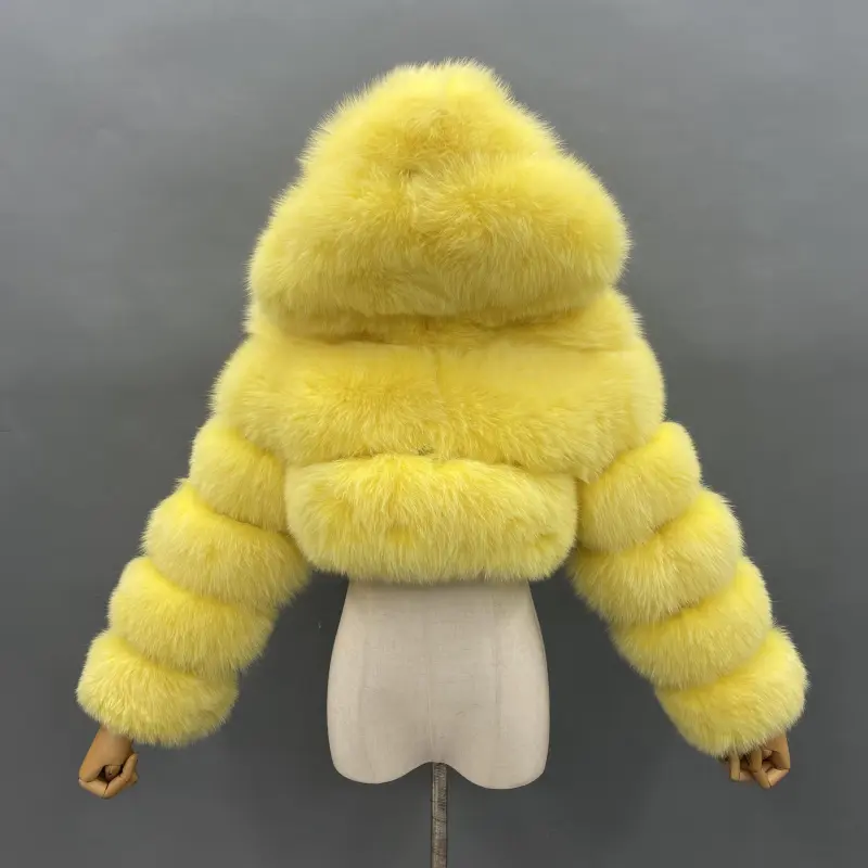 Fashion short genuine fox fur coat Women's winter hooded jacketColor:Yellow