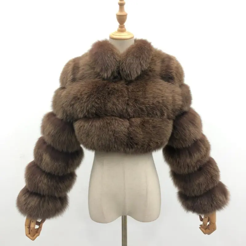 Winter Thick Warm Real Fox Fur Jacket Fashion Short Blue Fur Coat WomenColor:Brown