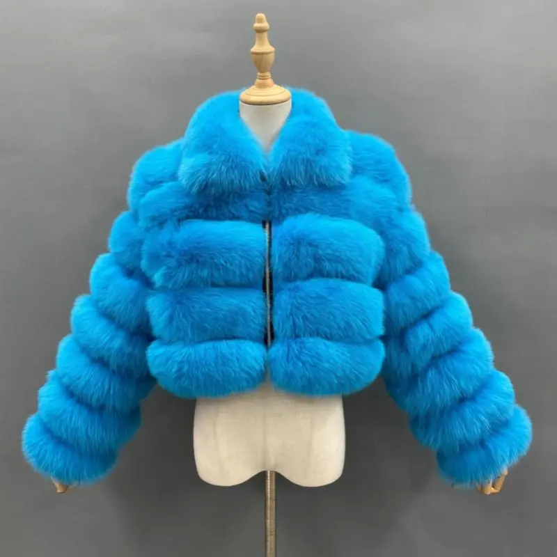 Women's short zip fox leather jacket square neck five-section fluffy fashion coatColor:Blue