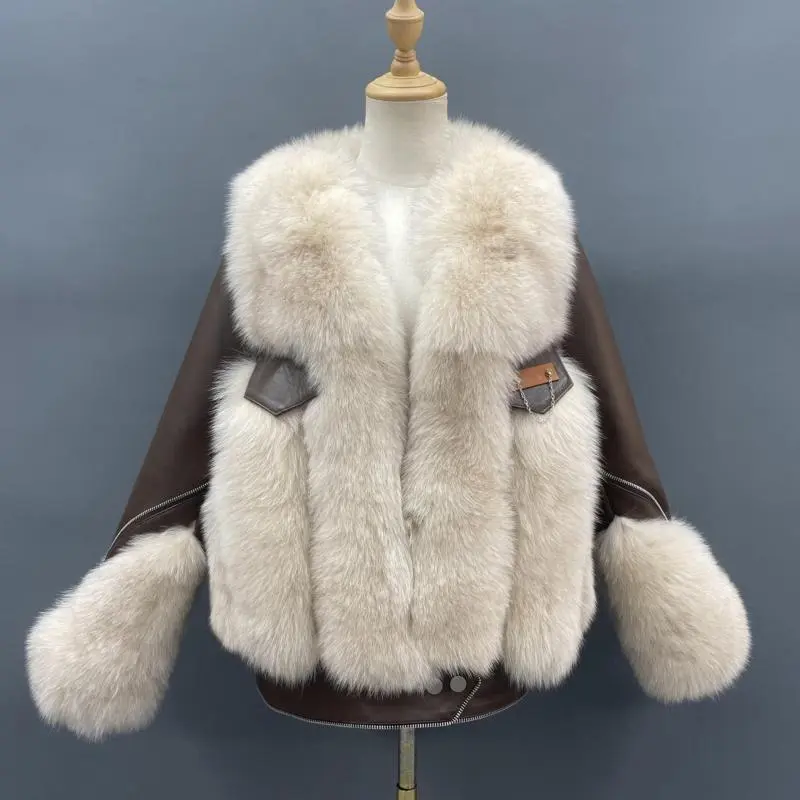 Fashion New Arrival Loose Size Spring Autumn Winter Fox Fur Jacket Zipper Lower Edge Full Pelt Genuine Fox Fur JacketColor:Beige